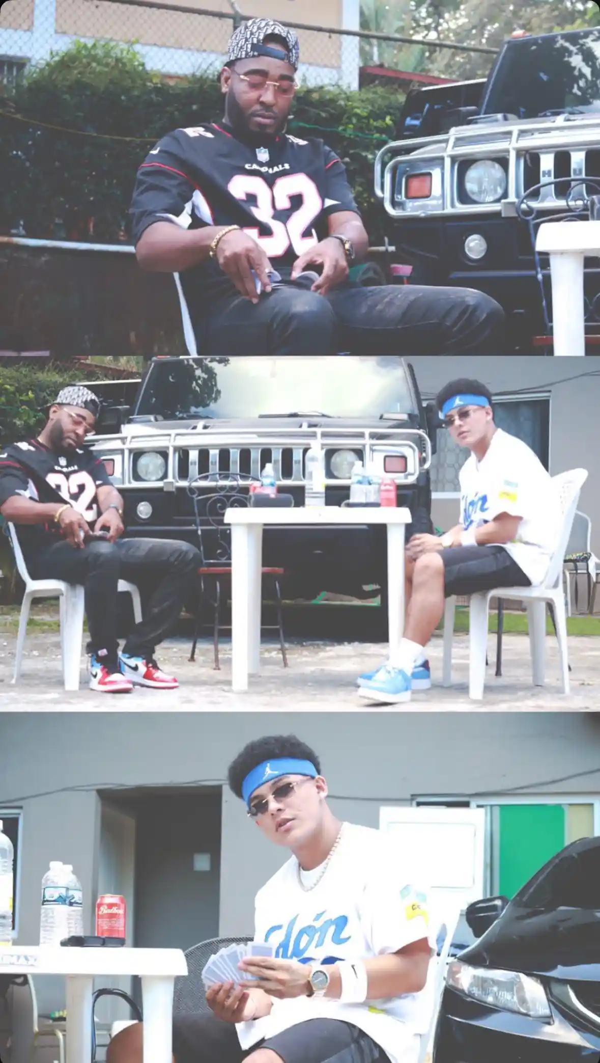 Un collage espontáneo capturando a artistas musicales disfrutando de un juego de cartas fuera de su garaje